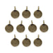 Antiqued brass blank round charms with top loops, ten pieces arranged in rows