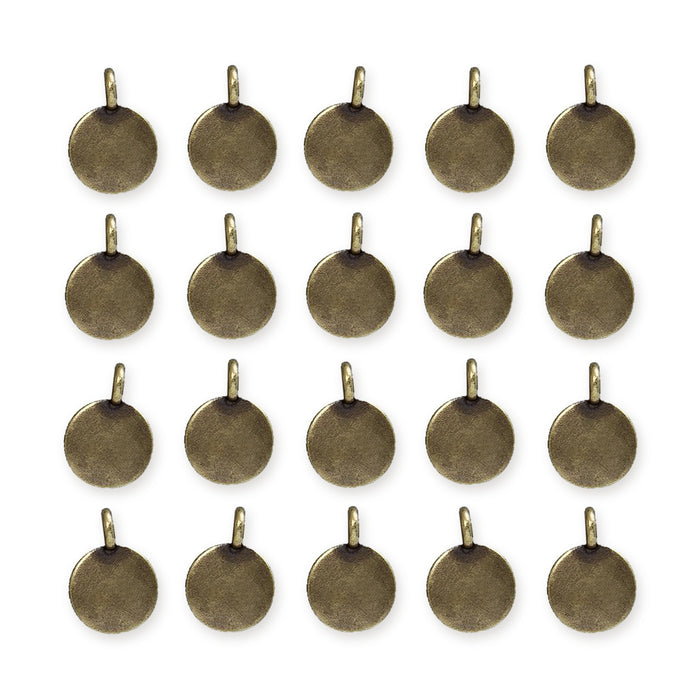 Antiqued brass blank round charms arranged in four rows of five, each with a top loop