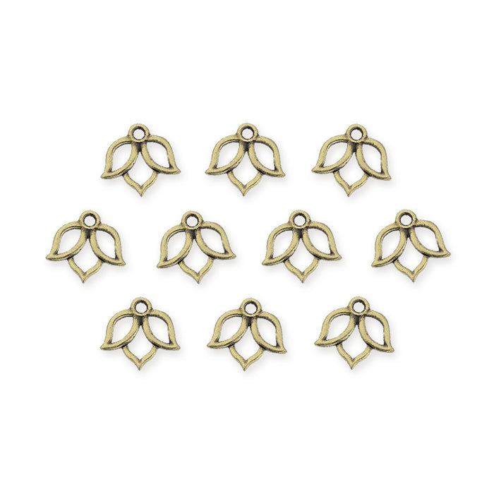 Antiqued brass open lotus charms, ten pewter charms arranged in rows on white