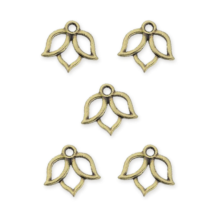 Antiqued brass open lotus charms, five pewter charms arranged in a group on a white background
