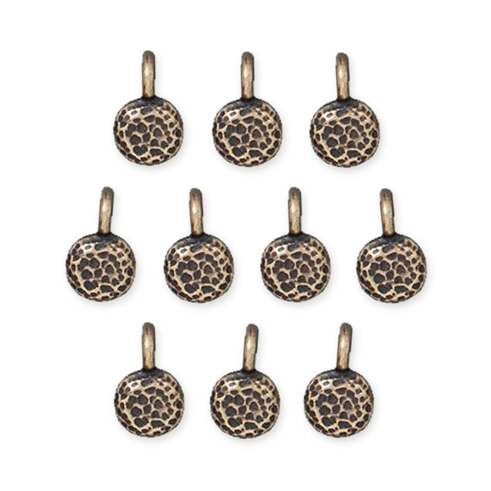 Antiqued brass full moon charms, ten hammered round pewter charms with loops arranged in rows