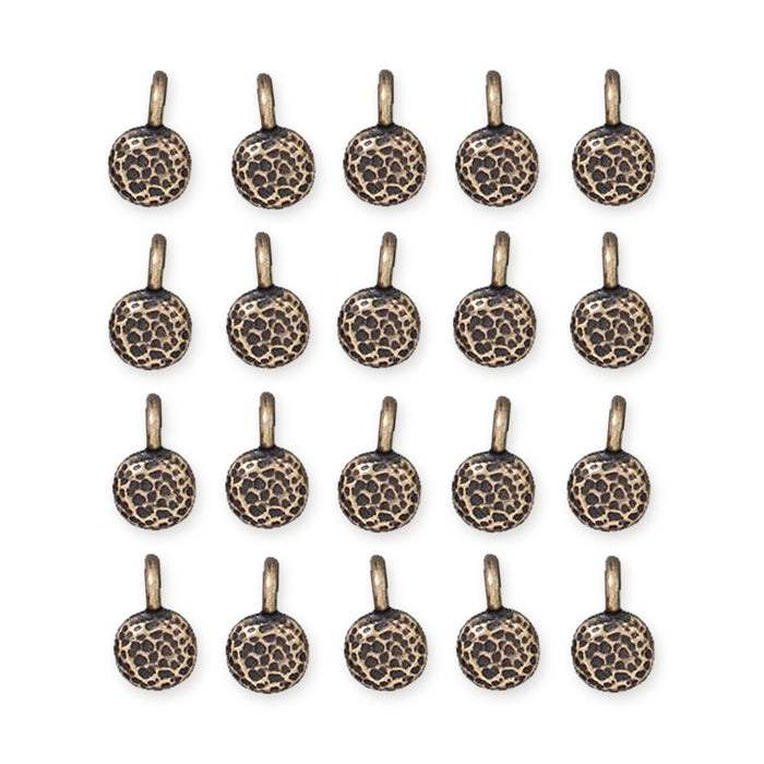 Antiqued brass full moon charms with hammered texture and top loops, arranged in four rows of five