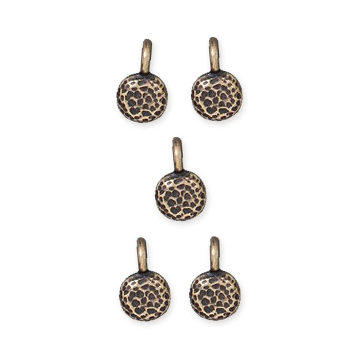 Antiqued brass full moon charms, five hammered-texture round pewter charms with loops arranged in a group
