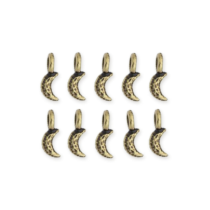 Antiqued brass crescent moon charms with hammered texture and top loop, arranged in two rows of five