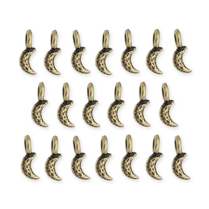 Antiqued brass crescent moon charms with hammered texture and top loops, arranged in three rows of twenty