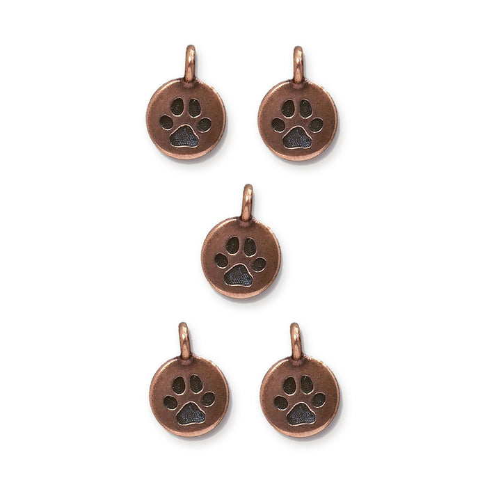 Antiqued copper puppy paw charms, five round pewter charms with raised paw prints and top loops