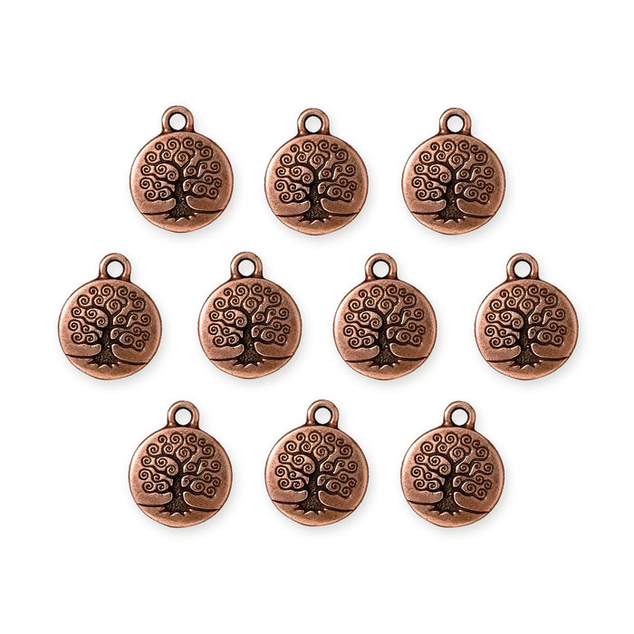 Antiqued copper tree of life charms, ten round pewter charms arranged in rows