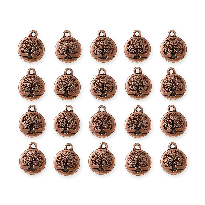 Antiqued copper tree of life charms arranged in four rows of five, showing the round pewter charms with loops