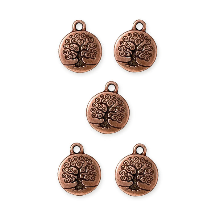 Antiqued copper Tree of Life charms, five round pewter charms with swirling tree design arranged in a group