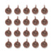 Antiqued copper skull charms arranged in a grid of four rows with five round pewter charms each