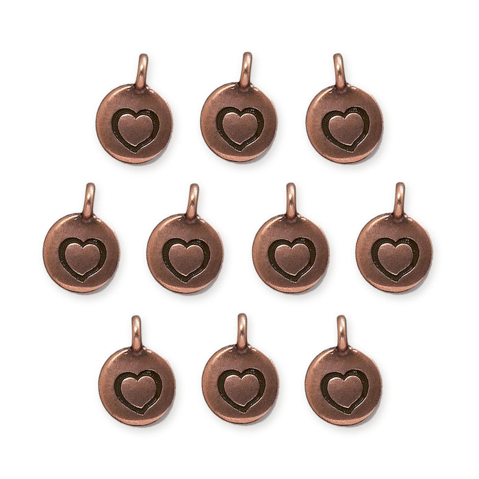 Antiqued copper heart charms, ten round pewter charms with stamped hearts and loops arranged in rows
