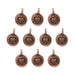 Antiqued copper heart charms, ten round pewter charms with stamped hearts and loops arranged in rows