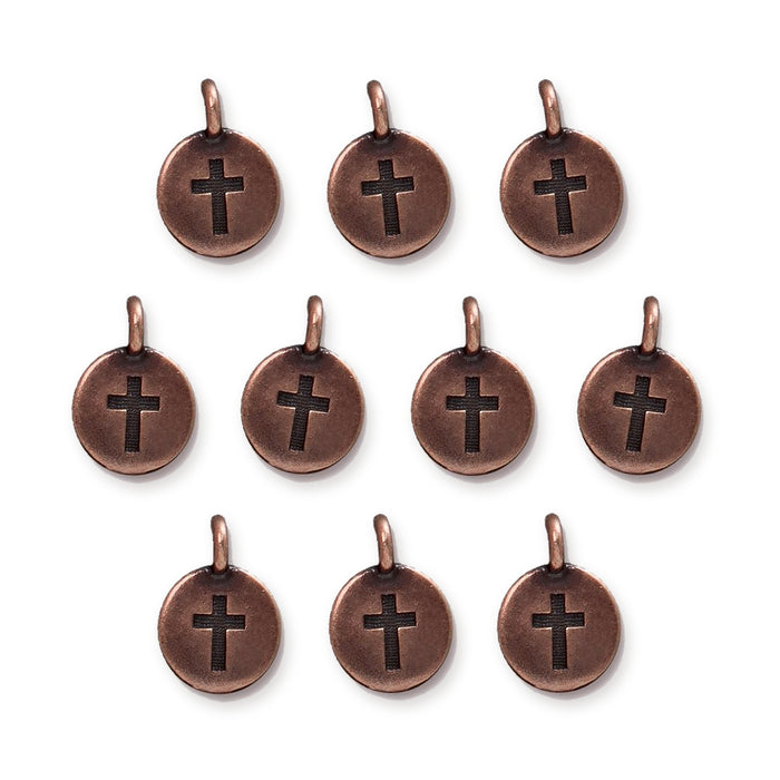 Antiqued copper cross charms, ten round pewter charms with loops arranged in rows