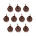 Antiqued copper cross charms, ten round pewter charms with loops arranged in rows