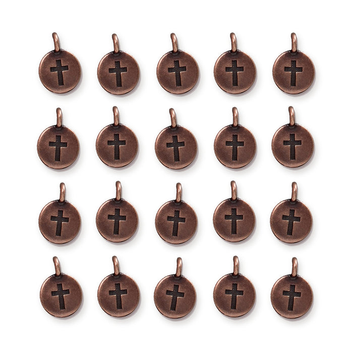 Antiqued copper cross charms with loops, twenty round pewter charms arranged in four rows of five