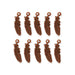 Antiqued copper feather charms, ten pieces arranged in two rows on a white background