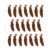 Antiqued copper feather charms arranged in three rows on a white background