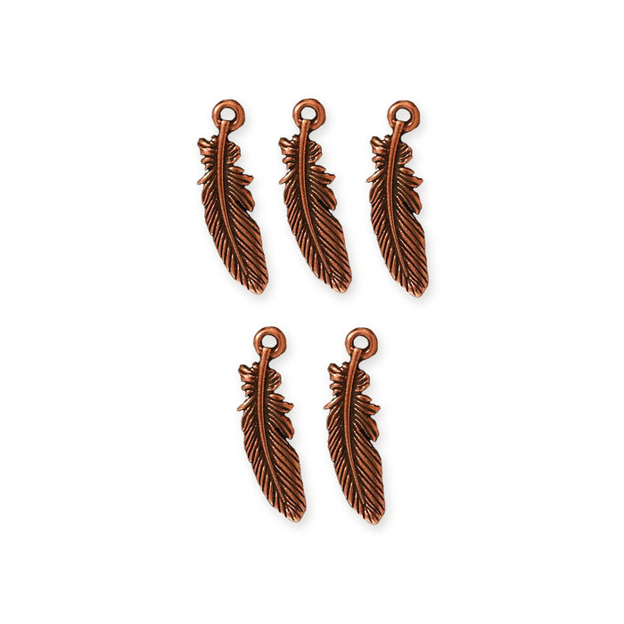Antiqued copper feather charms, five pewter charms with loops arranged in two rows