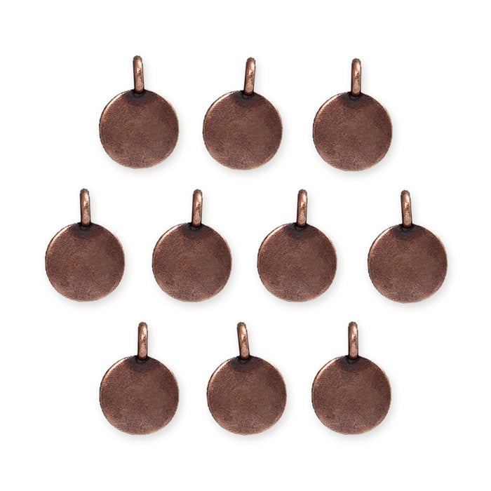 Antiqued copper blank round charms with loops, ten pewter charms arranged in rows
