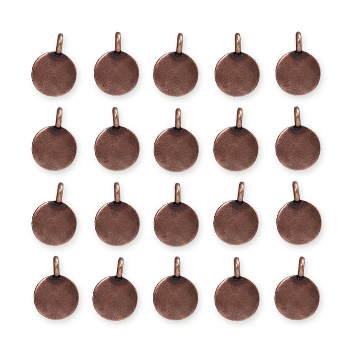 Antiqued copper blank round charms with loops, 20 charms arranged in four rows of five