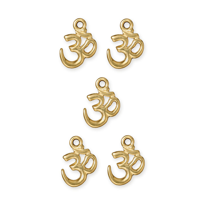 Five gold plated open Om charms with loops arranged in a group on a white background