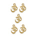 Five gold plated open Om charms with loops arranged in a group on a white background
