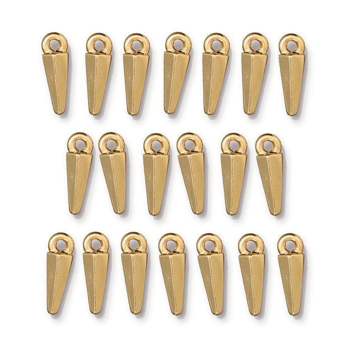 Gold plated small dagger charms arranged in three rows, showing all 20 pieces with loops at the top