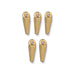Gold plated small dagger charms, five pieces arranged in two rows on a white background