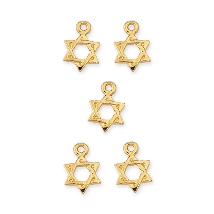 24K gold plated Star of David charms, five charms with loops arranged in a pattern on a white background