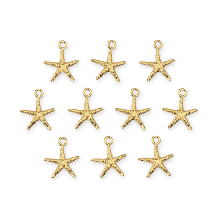 24K gold plated sea star charms, ten charms laid out in rows on a white background