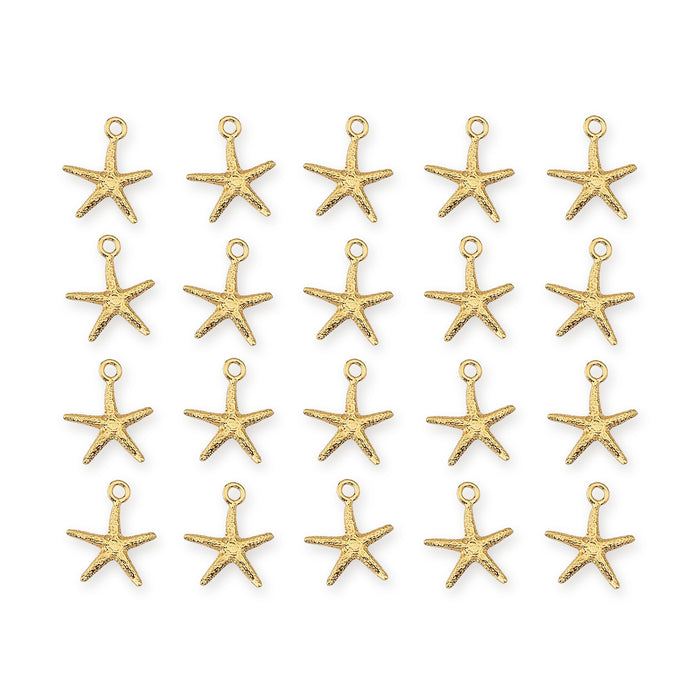 24K gold plated sea star charms arranged in four rows of five on a white background