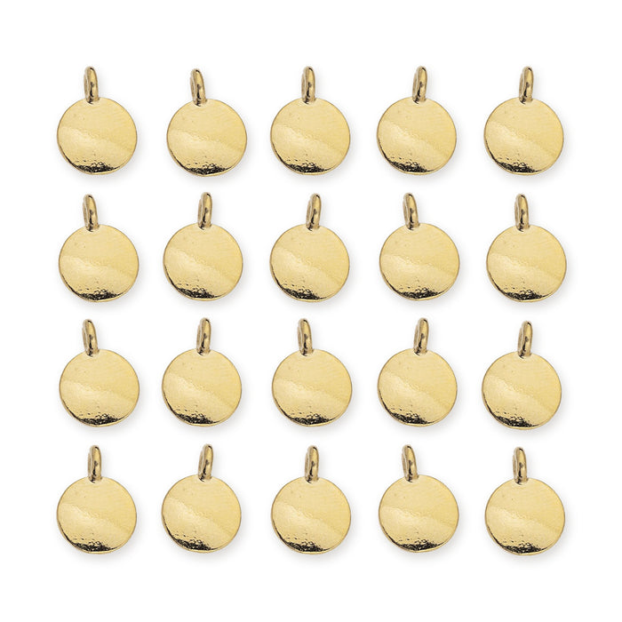 24K gold plated blank round charms arranged in a grid of four rows of five, each with a top loop