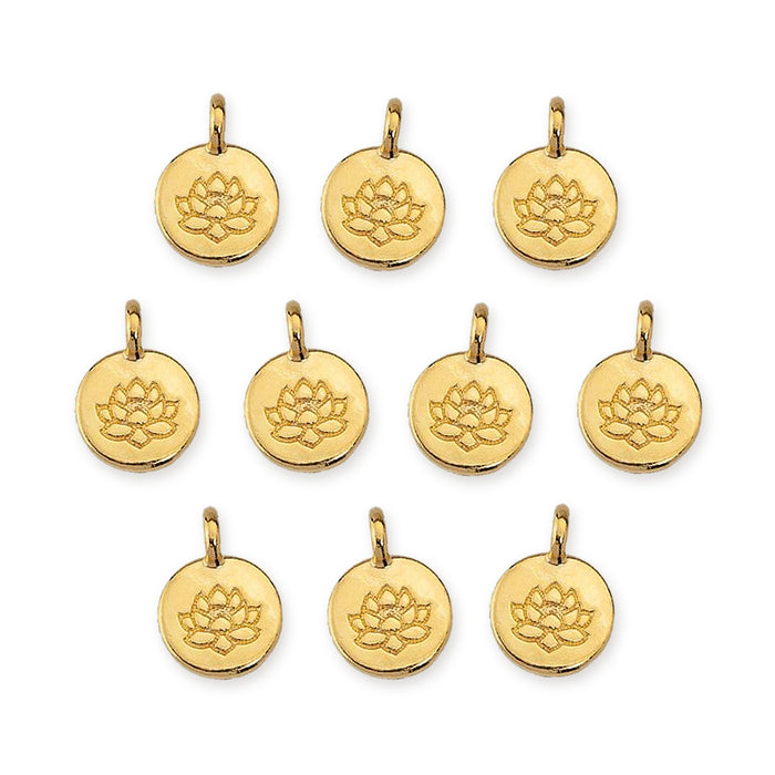 24K gold plated lotus charms, ten round coin charms with embossed lotus flowers arranged in rows