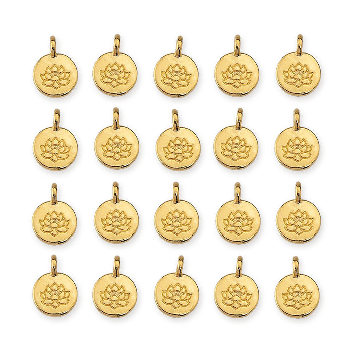 24K gold plated lotus charms arranged in four rows of five, each a round coin with an embossed lotus and top loop