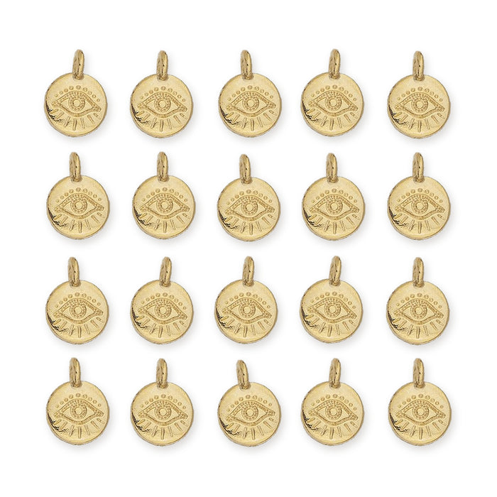 24K gold plated evil eye charms arranged in four rows of five, showing the engraved eye on each round charm
