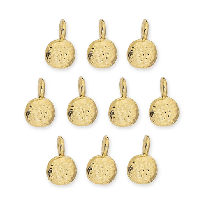 24K gold plated full moon charms, ten hammered round pewter charms with loops arranged in rows