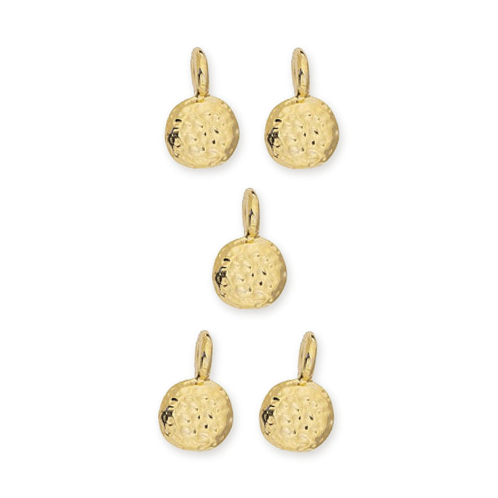 Five hammered gold plated full moon charms with loops, arranged in a group on white