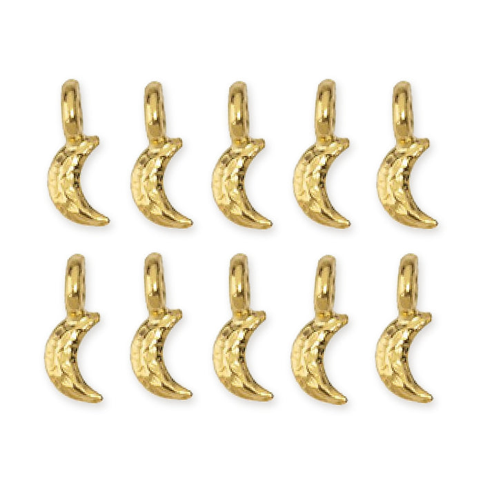 24K gold plated crescent moon charms with hammered texture, ten shown in two rows