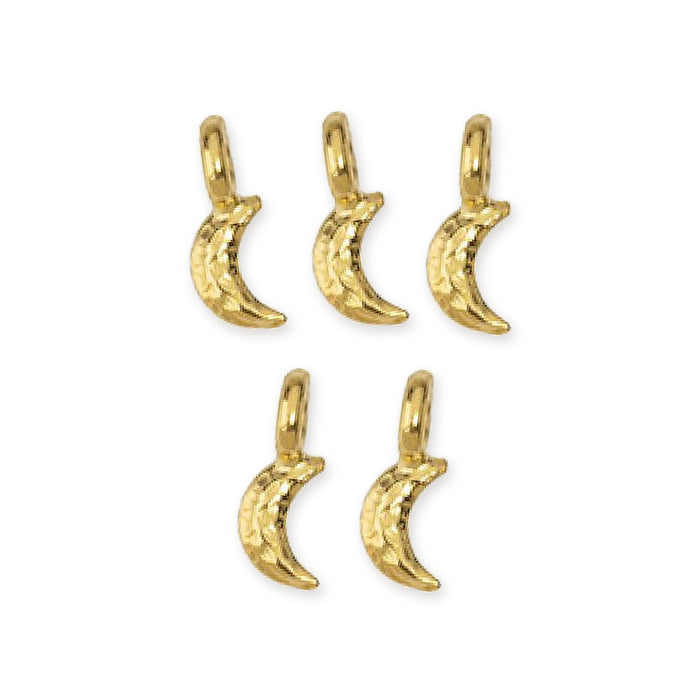 Five gold plated crescent moon charms with hammered texture and top loops, arranged on a white background