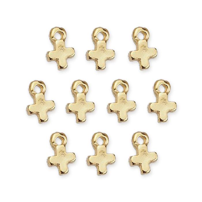 24K gold plated miniature cross charms, ten pieces arranged in rows on a white background