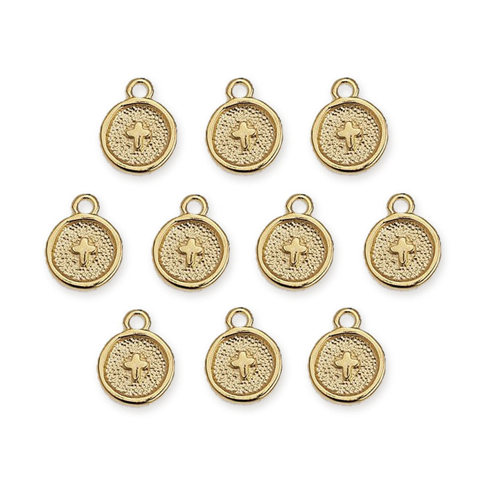 Ten gold plated round cross motif pendants with loops laid out in rows on a white background