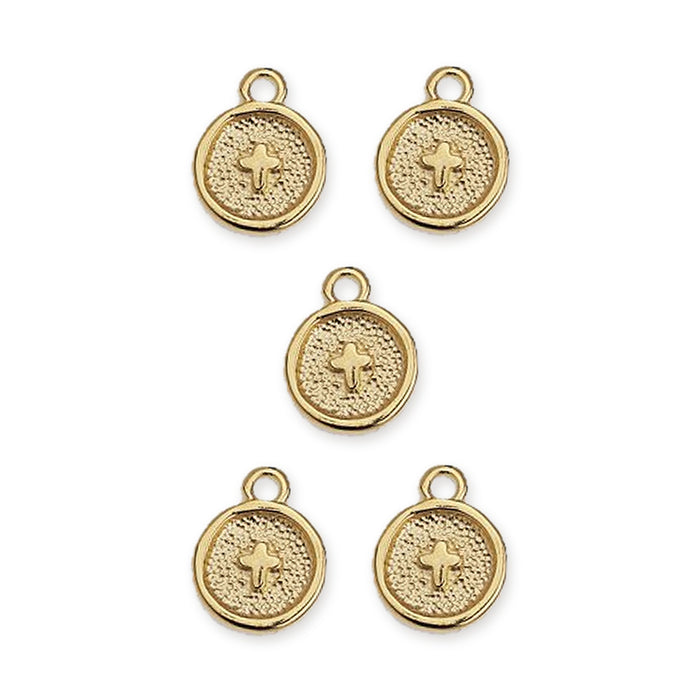 Five gold plated round cross motif pendants with top loops, arranged in a group on white