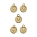 Five gold plated round cross motif pendants with top loops, arranged in a group on white