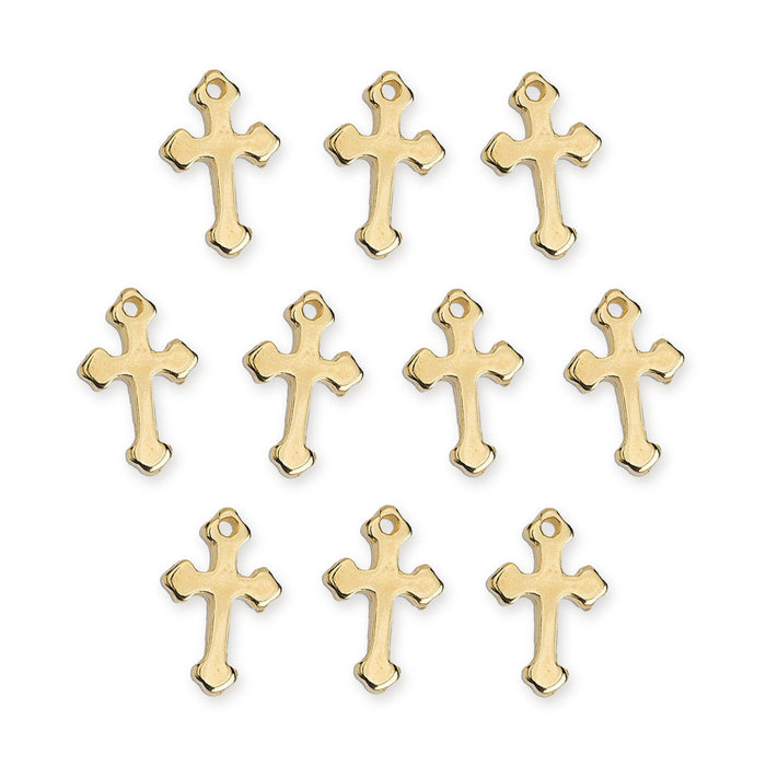 24K gold plated small cross pendants, ten charms arranged in rows on white