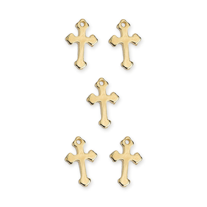 Five 24K gold plated small cross pendants with top loops, arranged in a group on white