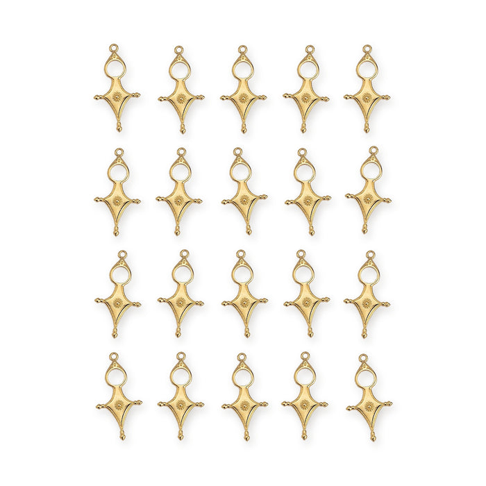 24K gold plated Tuareg cross pendants arranged in four rows of five on a white background