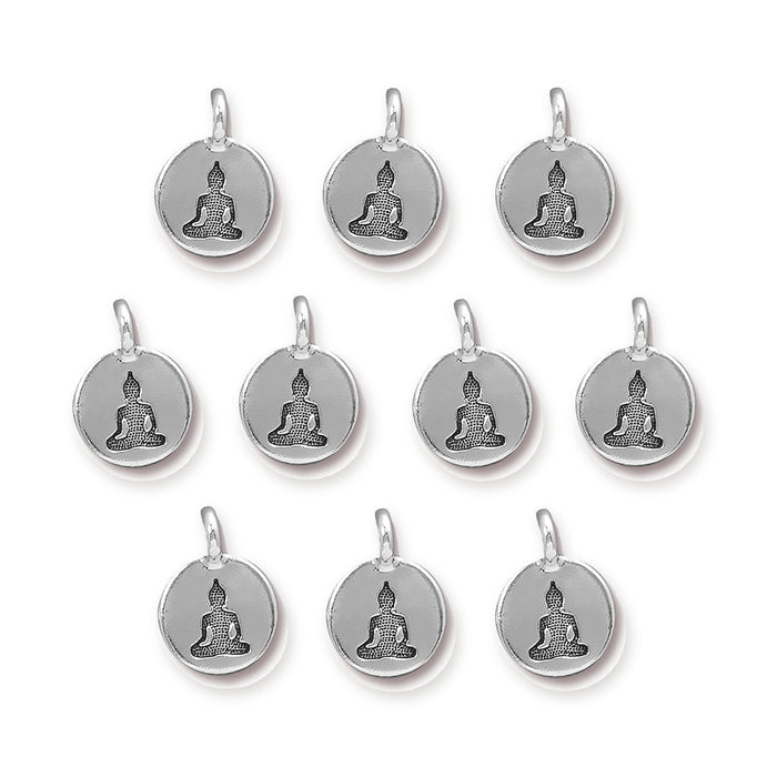 Antiqued silver Buddha charms, ten round pewter charms with loops arranged in rows