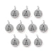 Antiqued silver Buddha charms, ten round pewter charms with loops arranged in rows