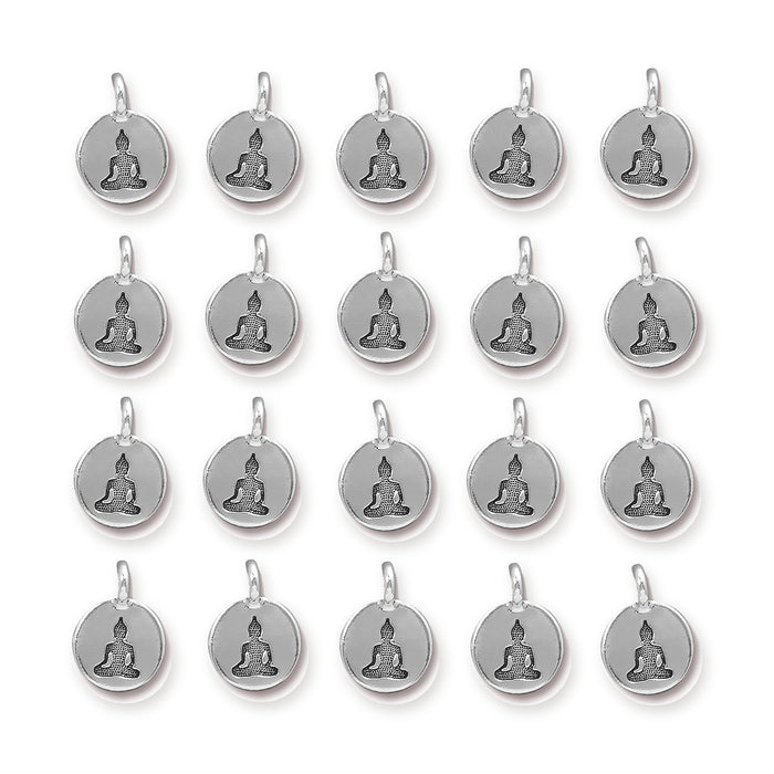 Antiqued silver Buddha charms with loops, twenty round pewter charms arranged in a grid of four rows
