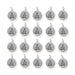 Antiqued silver Buddha charms with loops, twenty round pewter charms arranged in a grid of four rows